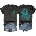 Front and back view of a grey V-neck t-shirt with beach life hibiscus floral print. - Black Heather Grey