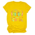 Detailed view of the yellow graphic t-shirt featuring 'Get Your Cray On' colorful school print - S / Tops / Yellow