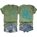 Casual green V-neck t-shirt with tropical flower back print and palm tree detail - Olive Green