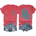 Front and back view of red V-neck T-shirt with teal beach flower and quote print - Red