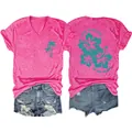 Detailed front and back view of a pink V-neck T-shirt with 'Life is Better at the Beach' text - Rose Red