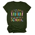 Detail of dark green T-shirt featuring 'Last Day of School' colorful crayon graphic. - S / Tops / Army Green