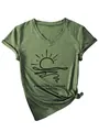 Detailed view of minimalist sun and wave graphic on a green women's V-neck T-shirt - Olive Green (Black Font)