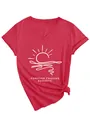 Detailed view of red V-neck T-shirt featuring Forever Chasing Sunsets graphic print - Red (White Font)