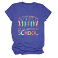 Close-up of 'Last Day of School' print on purple heather cotton T-shirt, details shown. - S / Tops / Vintage Blue