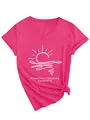Close-up detail of the forever chasing sunsets white print on a pink V-neck T-shirt. - Rose Red (White Font)