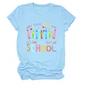 Detail view of colorful 'Last Day of School' print on a light blue women's T-shirt - S / Tops / Light Blue