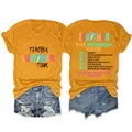 T-shirt graphique jaune pour femme Teacher Summer Freedom Tour avec liste d'activités au dos - S / Hauts / Jaune Moutarde (Impression Noire)