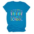 Close-up of blue Last Day of School graphic t-shirt featuring colorful crayon characters - S / Tops / Lake Blue