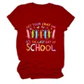 Detailed view of women's red cotton t-shirt with 'Last Day of School' crayon print - S / Tops / Red