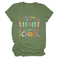 Detailed view of green cotton T-shirt with 'Last Day of School' crayon graphic print - S / Tops / Olive Green
