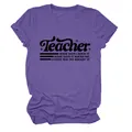 Dettaglio della stampa grafica 'Teacher' su una t-shirt viola a maniche corte - Taglia S / Top / Viola (Font Nero)