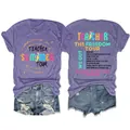 Paars dames-T-shirt met Teacher Summer Tour grafische print op voor- en achterkant - S / Tops / Paars (Zwarte Print)