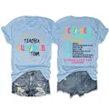 Lichtblauw Teacher Summer Tour t-shirt detail met grafische prints op de voor- en achterkant - S / Tops / Lichtblauw (Zwarte Afdruk)