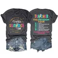 Teacher Summer Freedom Tour grijs t-shirt met kleurrijke grafische prints op voor- en achterkant - S / Tops / Gemêleerd Grijs (Witte Print)