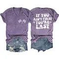 Paars T-shirt met V-hals en tekst If You Ain't First You're Last op de achterkant - Paars (Witte Print)
