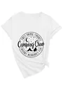 Close-up view of white V-neck women's T-shirt with a circular Camping Crew graphic print - S / Tops / White (Black Font)