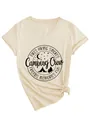 Casual women's cream V-neck short sleeve t-shirt with 'Camping Crew' graphic print - S / Tops / Sand (Black Font)