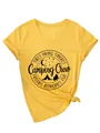 Detailed view of yellow V-neck t-shirt featuring a black Camping Crew outdoor print - S / Tops / Yellow (Black Font)