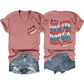 Vorder- und Rückansicht des 4. Juli V-Ausschnitt T-Shirts mit Hot-Dog-Druck und Spruch - Roségold (Schwarz Grafik)