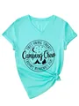 Detailed view of mint green V-neck T-shirt with black Camping Crew graphic print design - S / Tops / Deep Water Blue (Black Font)