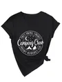 Detail of women's black V-neck camping t-shirt with white graphic print - Black (White Font)