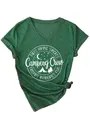 Close-up of green V-neck T-shirt with Camping Crew outdoor graphic print - Retro Green (White Font)