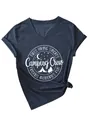 Dark navy women's V-neck short sleeve T-shirt featuring a white Camping Crew graphic print - Navy Blue (White Font)