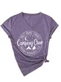 Purple V-neck T-shirt featuring "Camping Crew" graphic print and knotted hem detail. - Purple (White Font)