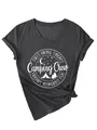 Detailed view of white Camping Crew circular graphic on charcoal grey V-neck tee - Heather Black (White Font)