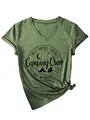 Detail view of Camping Crew graphic print on women's olive green V-neck T-shirt - Olive Green (Black Font)