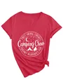 Close-up view of a red V-neck camping crew T-shirt with white graphic print and knot - Red (White Font)