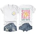 Detail view of white women's V-neck T-shirt with Boat Waves Sun Rays graphic and denim shorts - S / Tops / White