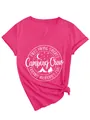 Close-up of pink v-neck t-shirt with camping crew graphic and side knot detail. - Rose Red (White Font)
