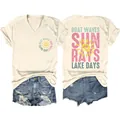Front and back view of cream V-neck T-shirt with Boat Waves Sun Rays graphic print - S / Tops / Sand