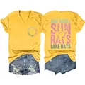 Yellow women's V-neck T-shirt with Boat Waves Sun Rays Lake Days summer graphic - S / Tops / Yellow