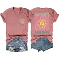 Stylish mauve pink women's V-neck T-shirt featuring 'Boat Waves Sun Rays' graphic print. - Rose Gold