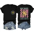 Detail view of colorful front and back graphic prints on black women's V-neck holiday T-shirt. - Black