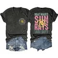 Front and back view of women's grey V-neck T-shirt with sun rays lake days print - Black Heather Grey
