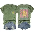 Olive green women's V-neck T-shirt with vintage Boat Waves Sun Rays print graphic. - Olive Green