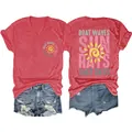 Detail of red V-neck T-shirt showing front and back 'Boat Waves' sun graphics. - Red