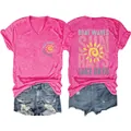 Detailed front and back view of vibrant pink V-neck T-shirt with sun rays graphic print - Rose Red