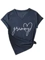 Primer plano de una camiseta de mujer con cuello en V e imagen impresa de corazón grammy - S / Tops / Azul Marino