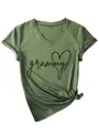 Camiseta casual de cuello en V para mujer en verde oliva con estampado de grammy y corazón - S / Tops / Verde oliva