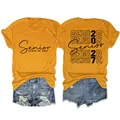 Front and back view of yellow Senior Class of 2027 printed women's cotton t-shirt - S / Tops / Mustard Yellow (Black Print)