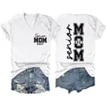 Front and back detail of Senior Mom 2027 white V-neck T-shirt with black print - S / Tops / White (Black Font)