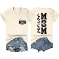 Detailed front and back views of Senior Mom 2027 V-neck beige T-shirt and shorts - S / Tops / Sand (Black Font)