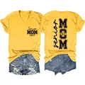 Yellow V-neck Senior Mom 2027 T-shirt with front and back graphic prints - S / Tops / Yellow (Black Font)