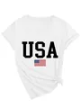Close-up of white women's V-neck T-shirt with USA text and American flag print - S / Tops / White (Black Print)
