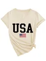 Detail view of women's cream V-neck T-shirt with USA text and flag print - S / Tops / Sand (Black Print)